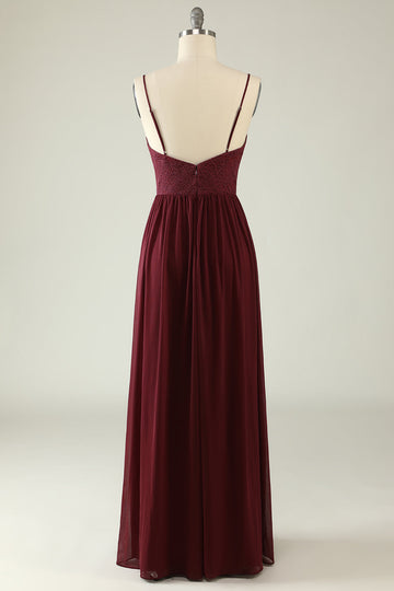 Burgundy Spaghetti Straps Lace Bridesmaid Dress with Hollow-out